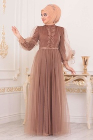 Hijab Evening Dress - Mink Color Hijab Evening Dress 3999V - Thumbnail