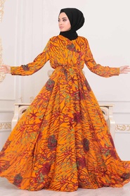 Hijab Evening Dress - Mustard Hijab Evening Dress 1493HR - Thumbnail