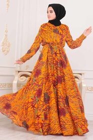 Hijab Evening Dress - Mustard Hijab Evening Dress 1493HR - Thumbnail