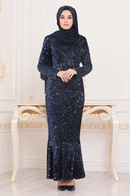 Hijab Evening Dress - Navy Blue Hijab Evening Dress 8742L - Thumbnail