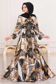 Hijab Evening Dress - Patterned Hijab Evening Dress 14721DSN - Thumbnail