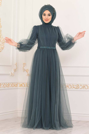 Hijab Evening Dress - Petrol Green Hijab Evening Dress 40020PY - Thumbnail