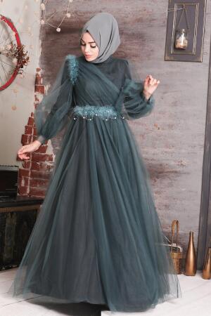 Hijab Evening Dress - Petrol Green Hijab Evening Dress 4079PY - 1