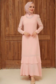 Hijab Evening Dress - Powder Pink Hijab Evening Dress 3763PD - Thumbnail