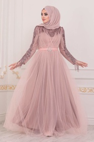 Hijab Evening Dress - Powder Pink Hijab Evening Dress 40242PD - Thumbnail