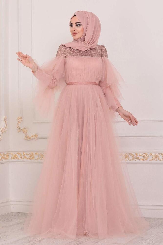 Hijab Evening Dress Powder Pink Hijab Evening Dress 40772PD Tesetturisland