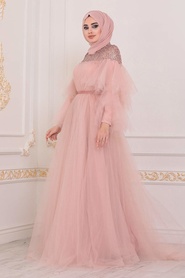 Hijab Evening Dress - Powder Pink Hijab Evening Dress 40772PD - Thumbnail