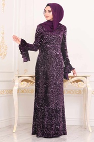Hijab Evening Dress - Purple Hijab Evening Dress 8733MOR - Thumbnail