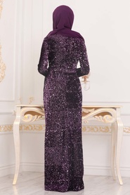 Hijab Evening Dress - Purple Hijab Evening Dress 8733MOR - Thumbnail
