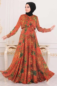 Hijab Evening Dress - Terra Cotta Hijab Evening Dress 1493KRMT - Thumbnail