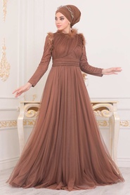 Hijab Evening Dress - Yellowish Brown Hijab Evening Dress 39890TB - Thumbnail
