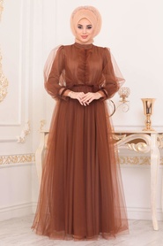 Hijab Evening Dress - Yellowish Brown Hijab Evening Dress 3999TB - Thumbnail