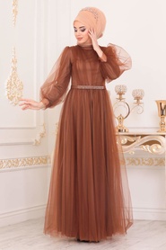 Hijab Evening Dress - Yellowish Brown Hijab Evening Dress 40020TB - Thumbnail