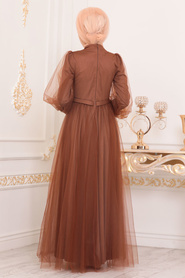 Hijab Evening Dress - Yellowish Brown Hijab Evening Dress 40020TB - Thumbnail