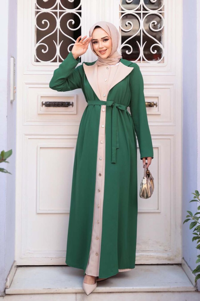 Hırka Detaylı Yeşil Tesettür Elbise 76351Y - 2