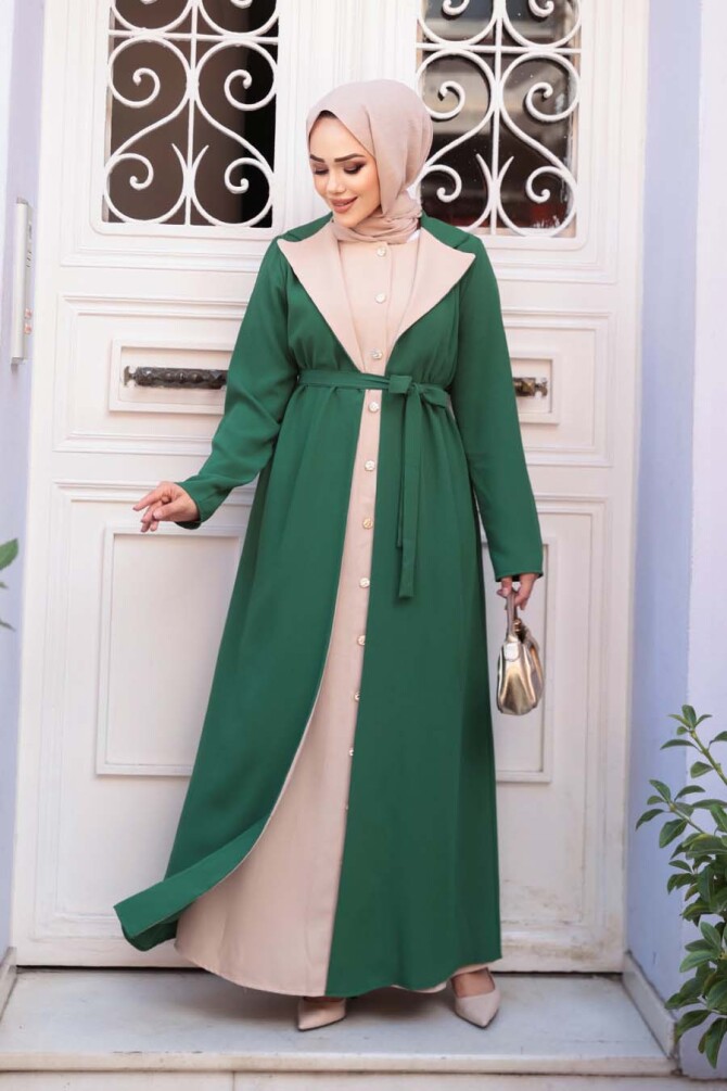 Hırka Detaylı Yeşil Tesettür Elbise 76351Y - 1