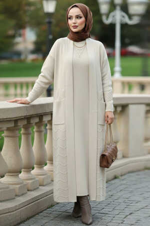 Hırkalı Bej Tesettür Elbise Triko Takım 70271BEJ - N.S NEVA STYLE