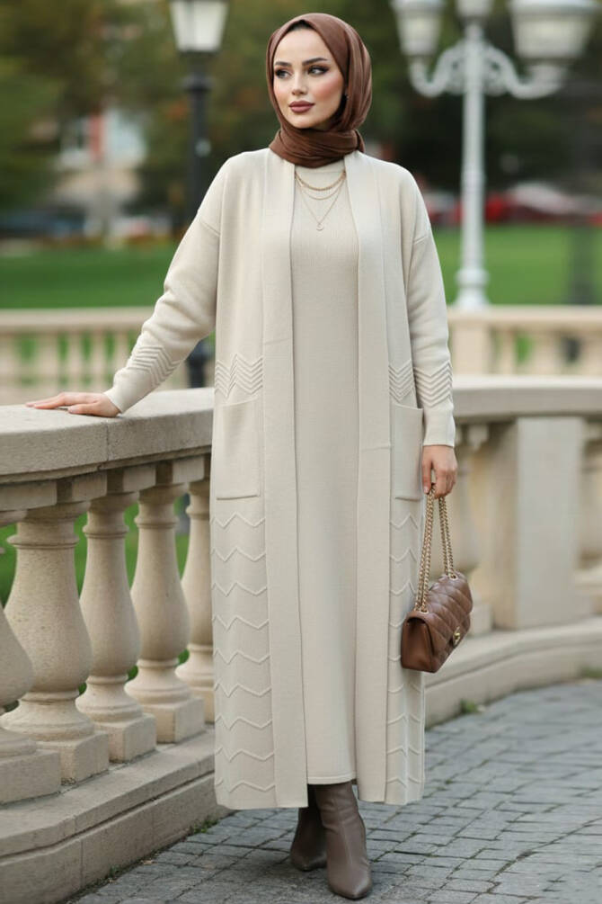 Hırkalı Bej Tesettür Elbise Triko Takım 70271BEJ - 1