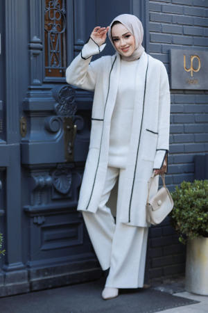 Hırkalı Bej Tesettür Triko Üçlü Takım 50182BEJ - 2