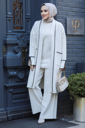 Hırkalı Bej Tesettür Triko Üçlü Takım 50182BEJ - 3