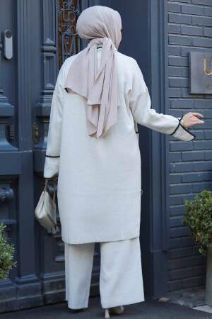 Hırkalı Bej Tesettür Triko Üçlü Takım 50182BEJ - 4