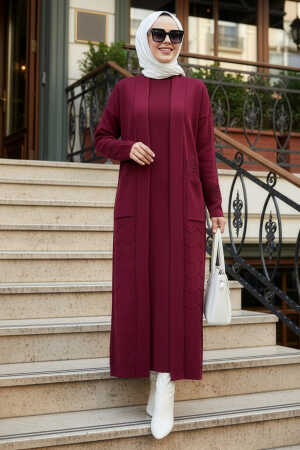 Hırkalı Bordo Tesettür Elbise Triko Takım 70271BR - N.S NEVA STYLE