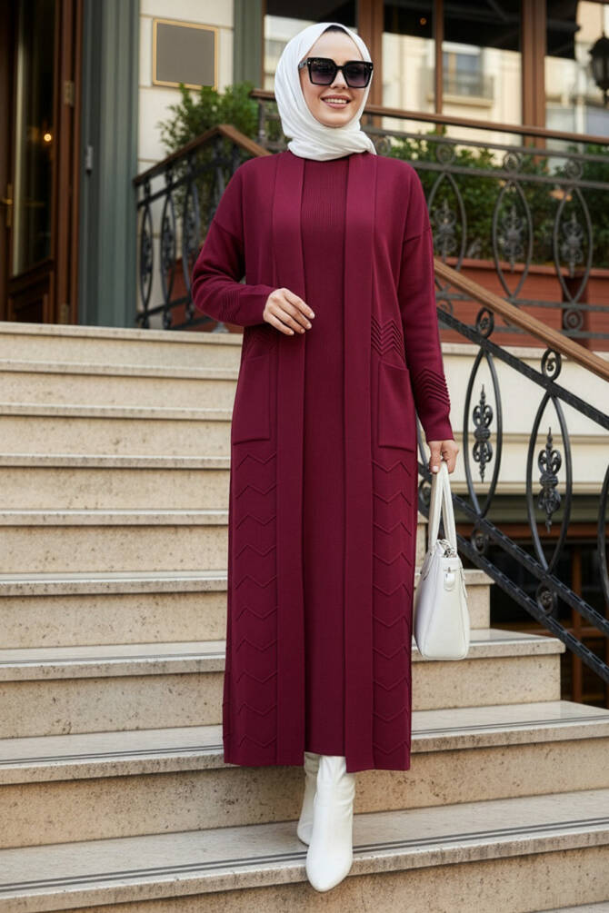 Hırkalı Bordo Tesettür Elbise Triko Takım 70271BR - 1
