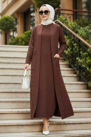 Hırkalı Kahverengi Tesettür Elbise Triko Takım 70271KH - N.S NEVA STYLE