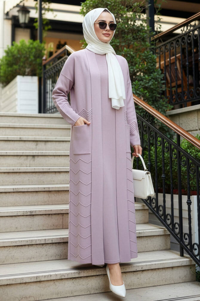 Hırkalı Pudra Tesettür Elbise Triko Takım 70271PD - 1