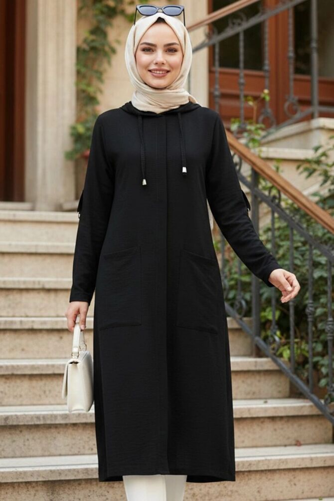 Hooded Black Modest Coat 18461S - 1