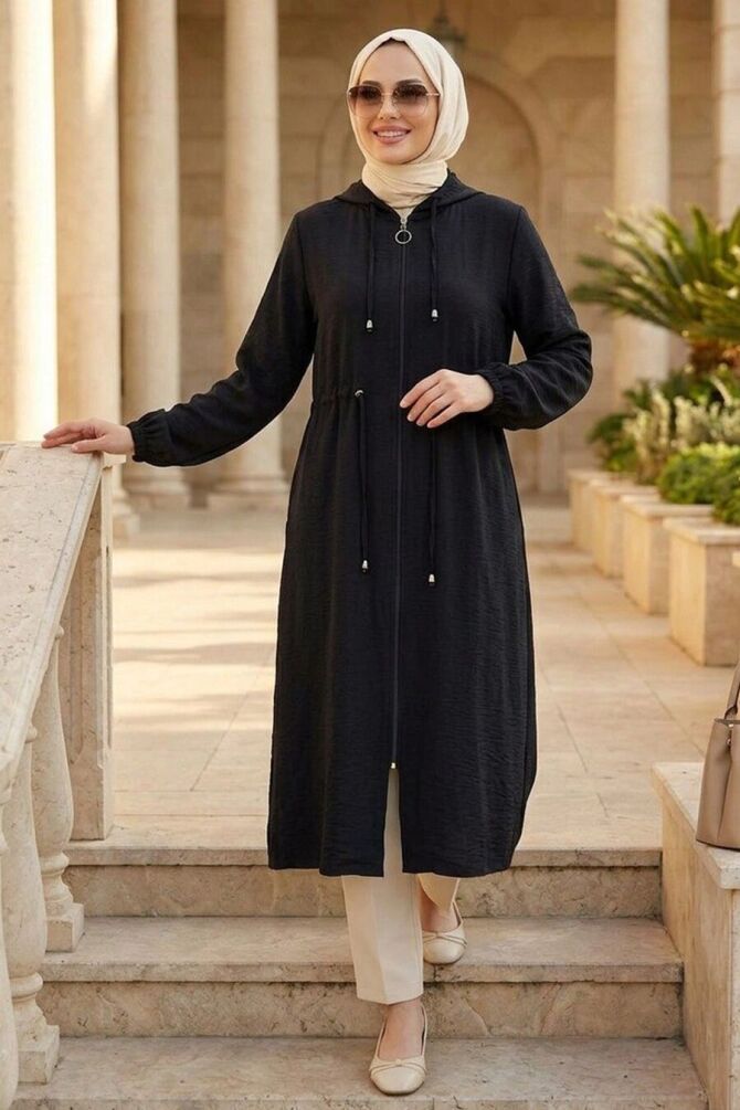 Hooded Black Modest Long Jacket 15471S - 1
