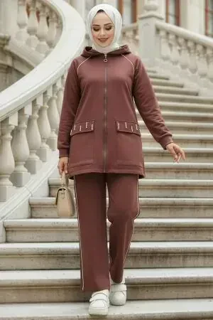 Hooded Brown Modest Two-Piece Set 20113KH 