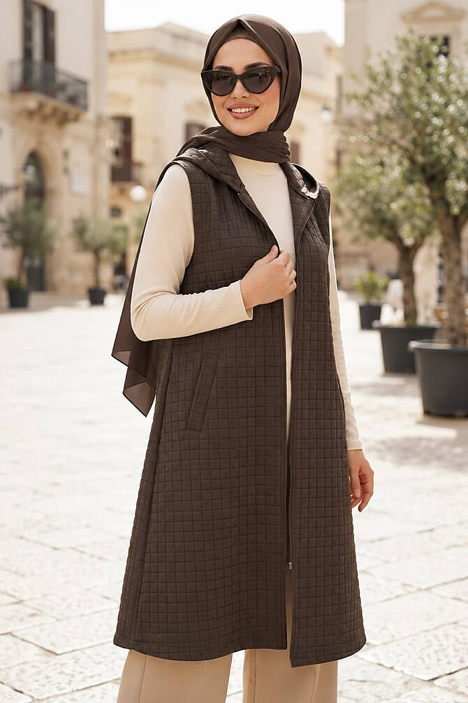 Hooded Brown Modest Yelek 30415KH - N.S NEVA STYLE