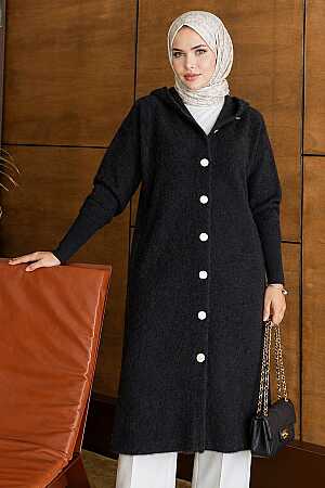 Hooded Buttoned Long Black Modest Knit Cardigan 251489S - N.S NEVA STYLE