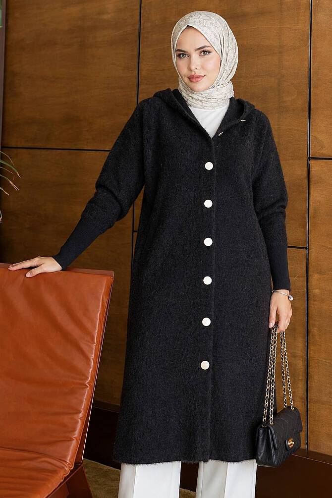 Hooded Buttoned Long Black Modest Knit Cardigan 251489S - N.S NEVA STYLE