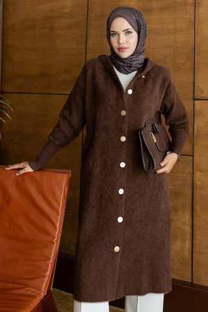 Hooded Buttoned Long Brown Modest Knit Cardigan 251489KH - N.S NEVA STYLE