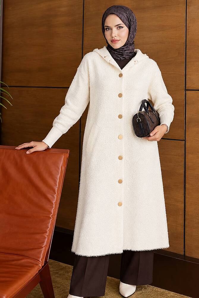 Hooded Buttoned Long Cream Modest Knit Cardigan 251489KR - 1