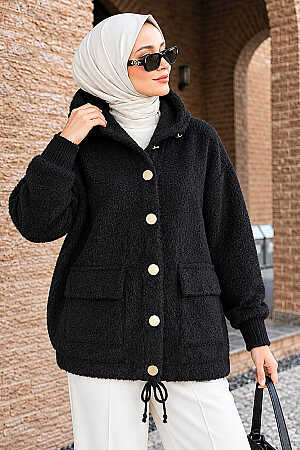 Hooded Buttoned Pocketed Black Modest Knit Cardigan 241482S - 1
