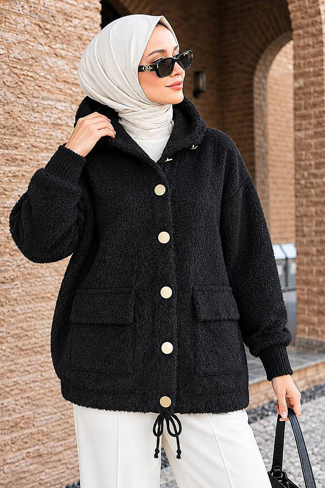 Hooded Buttoned Pocketed Black Modest Knit Cardigan 241482S - 1