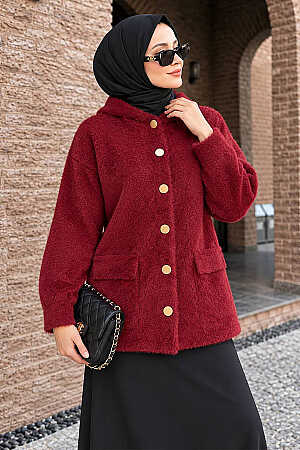 Hooded Buttoned Pocketed Burgundy Modest Knit Cardigan 241482BR 
