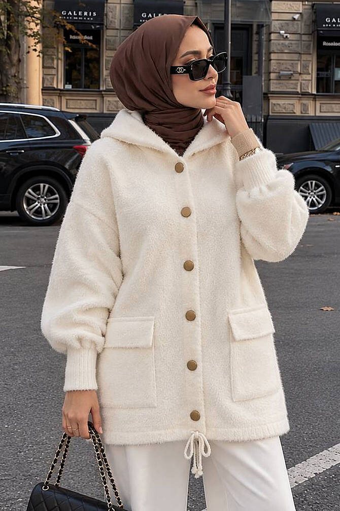 Hooded Buttoned Pocketed Cream Modest Knit Cardigan 241482KR - 1