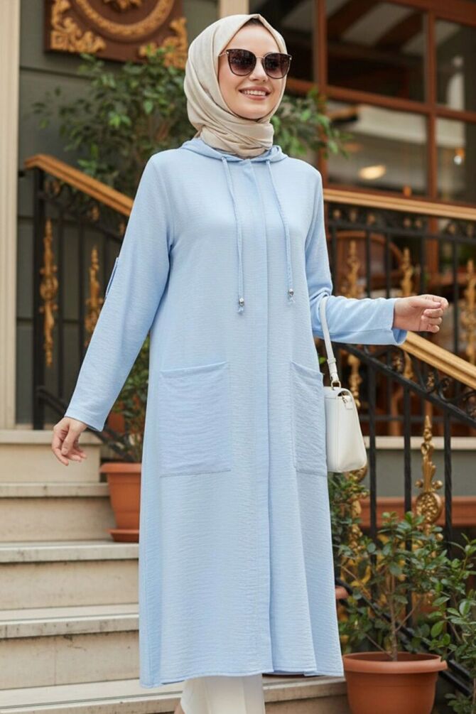 Hooded Buz Mavisi Modest Coat 18461BUZM - N.S NEVA STYLE