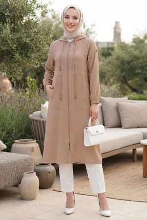 Hooded Dark Beige Modest Long Jacket 15471KBEJ - 1