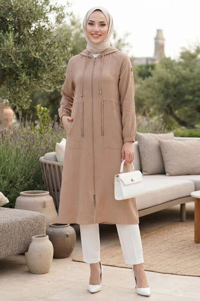 Hooded Dark Beige Modest Long Jacket 15471KBEJ - 1