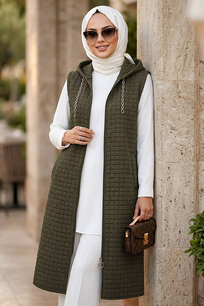 Hooded Dark Khaki Modest Vest 30415KHK - N.S NEVA STYLE