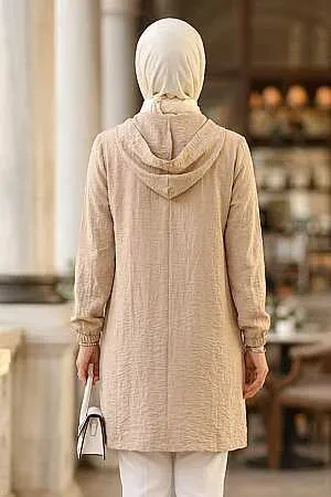 Hooded Drawstring Detail Strawberry-texture fabric Beige Modest Long Jacket 15241BEJ - 2
