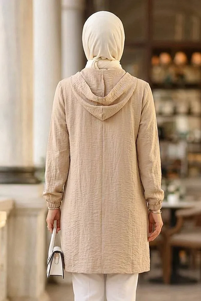Hooded Drawstring Detail Strawberry-texture fabric Beige Modest Long Jacket 15241BEJ - 2