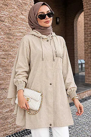 Hooded Drawstring Detail Strawberry-texture fabric Beige Modest Long Jacket 15241BEJ 