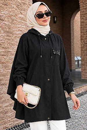 Hooded Drawstring Detail Strawberry-texture fabric Black Modest Long Jacket 15241S 
