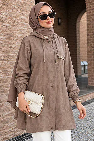 Hooded Drawstring Detail Strawberry-texture fabric Dark Beige Modest Long Jacket 15241KBEJ 